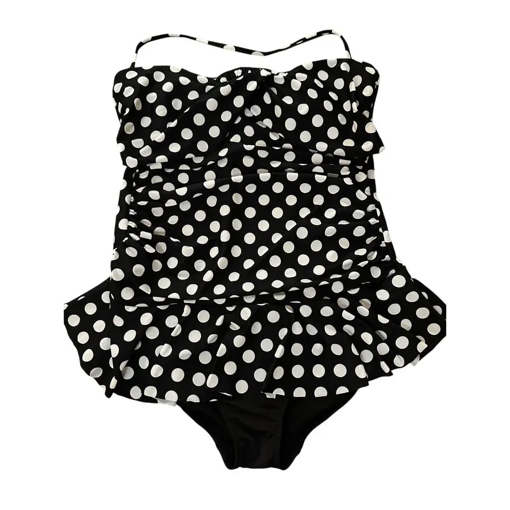 Ralph Lauren One Piece Swimsuit ruffle Size 14 Black White Polka Dot Halter